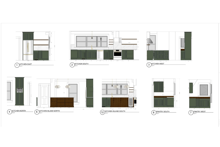 Drawings of kitchen renovation with green cabinets