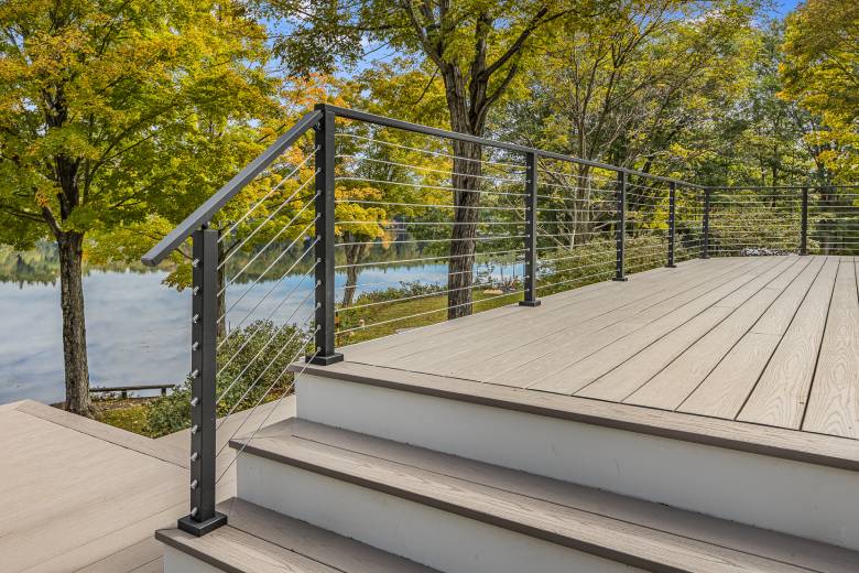 Renovated deck with view of fall trees