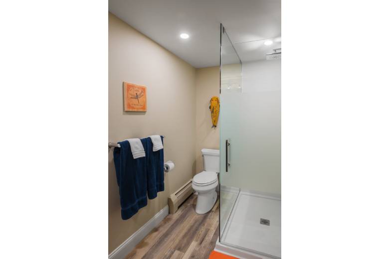 Bathroom with a White Glass Shower and a toilet