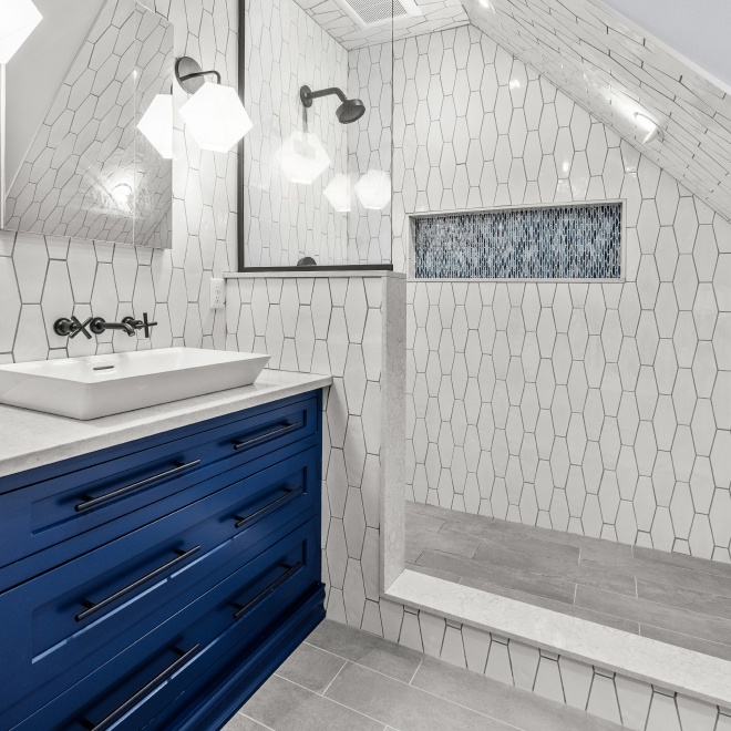 Gas Range Stovetop with Blue and White Subway Tile