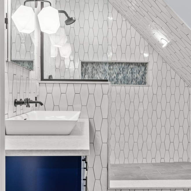 Gas Range Stovetop with Blue and White Subway Tile